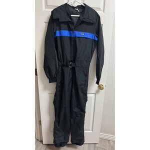 Coveralls Nylon Snow Ski Suit Water Resist Belted Black Striped‎ VTG 70s Medium
